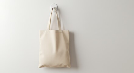 Beige Tote Bag Hanging on a White Wall: Mockup for Branding and Design