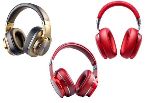 red and golden color three headphone  isolated on transparent background