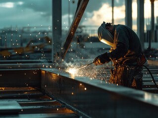 A construction worker welding metal beams on a construction site. Featuring welding and structural work