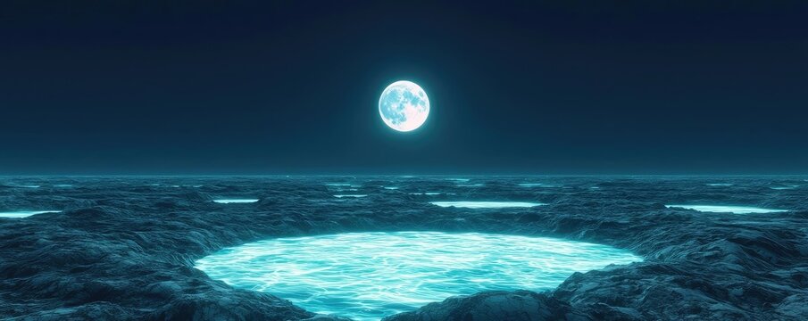 Landscape of alien planet with glowing oceanic and craters concept. A serene moonlit landscape reflecting calm waters in darkness.