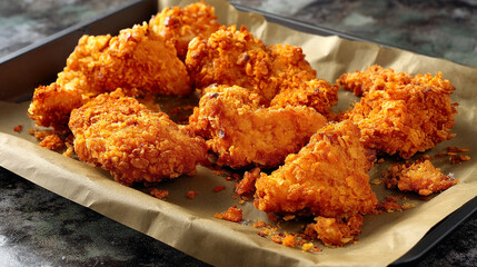 Crispy fried chicken on paper-lined tray with crumbs scattered