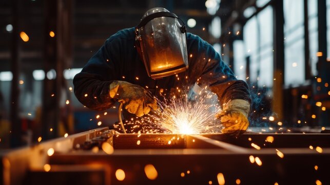A construction worker welding metal parts for a steel frame. Featuring welding and metal fabrication