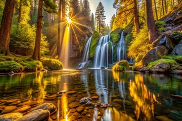 Sunlit Waterfall in Forest Landscape