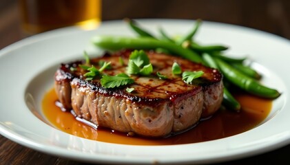 Close-up shot of succulent steak with herbs on white plate, dinner, gourmet, meal