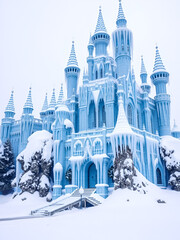 Obraz premium An elaborate icy blue castle covered in snow on a snowy day