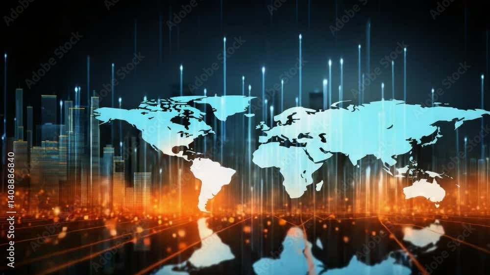 Poster global digital nexus: a vibrant illustration showcases a high-tech digital world map, interwoven wit