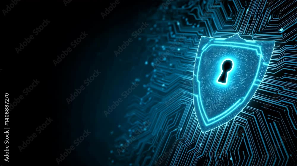 Poster a glowing blue shield with a keyhole symbol overlaid on a circuit board pattern against a dark backg