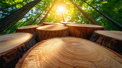 Obraz premium Sunlight through forest trees on stacked logs