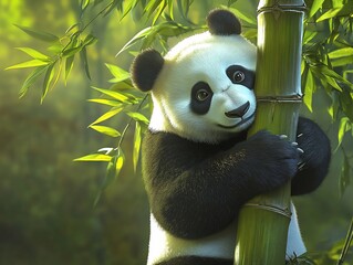 Giant Panda wrapped around bamboo tree gently holding it as if in an affectionate embrace The environment is lush with vibrant greenery and the image is bathed in soft natural light for a serene feel