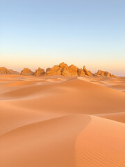 Naklejka premium Desert landscape with sandy dunes and beige rocky outcrops at dusk, golden, yellow, dune. Dune. Illustration