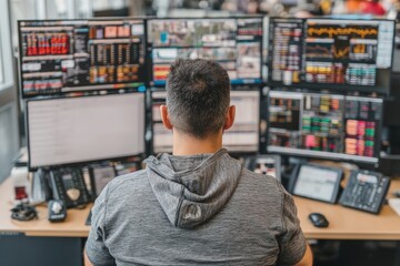 Analyzing market trends financial hub data visualization office environment overhead view stock trading insights