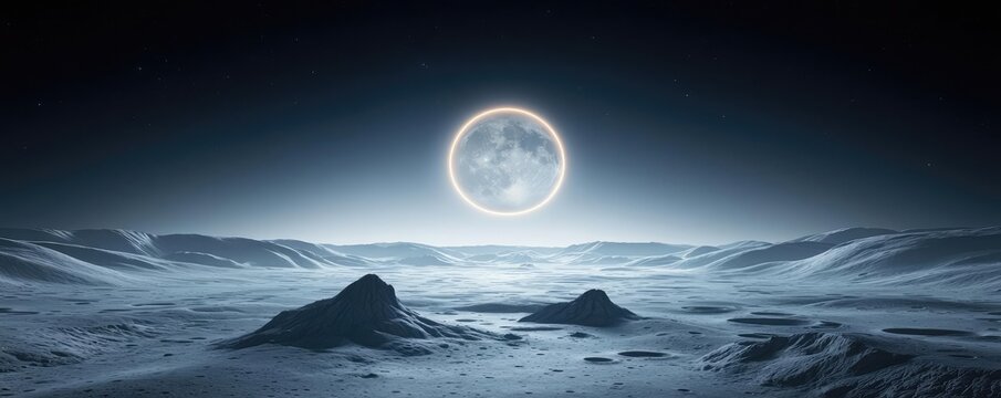 Landscape of alien planet beneath mystical skies and surreal moon concept. A surreal lunar landscape illuminated by a bright moon.