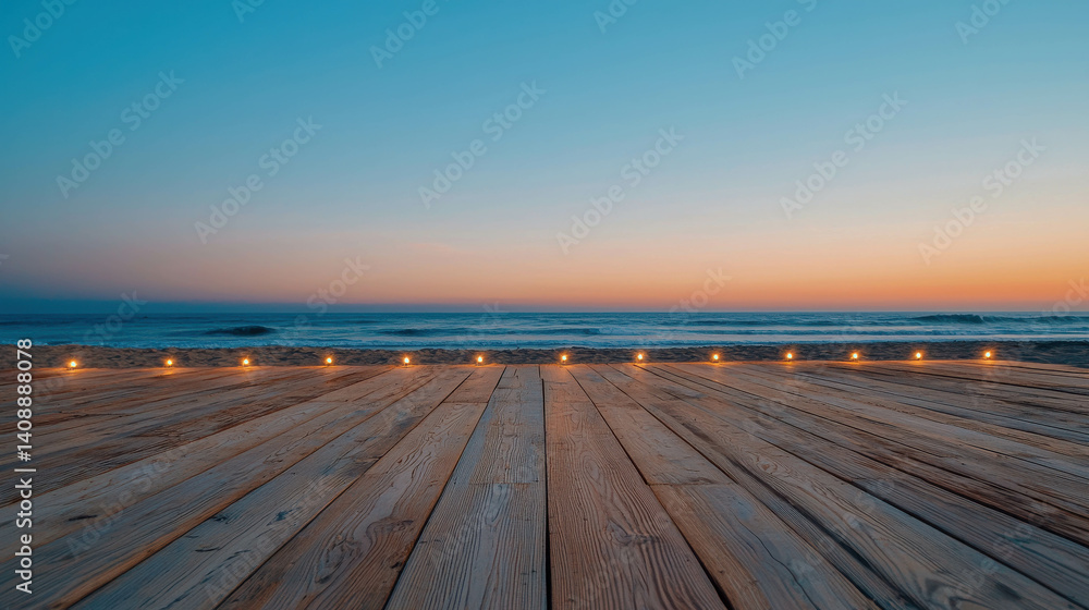 Poster sunset over ocean view from wooden deck with soft light and calm waves in background