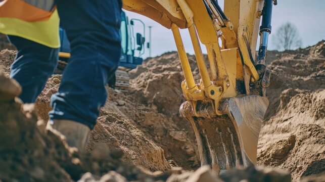 A construction worker operating an excavator to dig a trench for utility installation. Featuring machinery and excavation