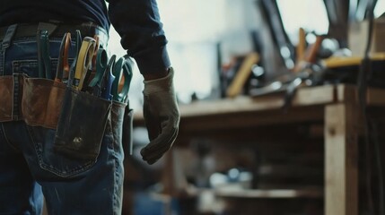 A construction worker organizing tools at a building site. Featuring order and efficiency