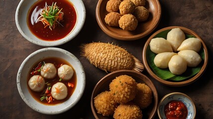 Delicious Asian Food Dishes: Dumplings, Fried Snacks, and Sauces