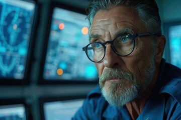 Military operations expert analyzes data control room digital media modern technology close-up strategic insights