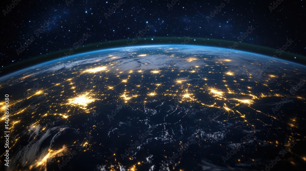Poster brilliant illuminated view of the world showing energy networks overlaid on a dark starry background