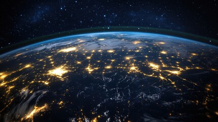 Obraz premium Brilliant illuminated view of the world showing energy networks overlaid on a dark starry background : Generative AI.
