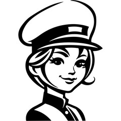 Tattoo emblem of attractive police girl in an old uniform and headdress in monochrome. Engraving minimalistic vector in black ink drawing on transparent background