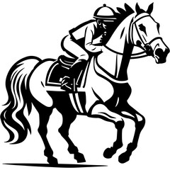 Horse rider races around a racetrack on horseback in monochrome. Engraving minimalistic vector in black ink drawing on transparent background