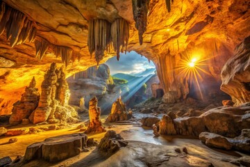 Sunlit Cave Interior with Rock Formations