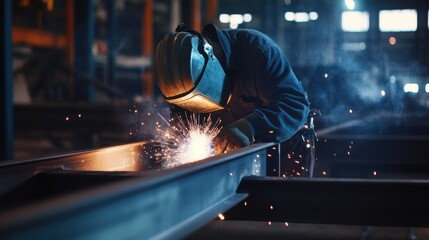 A construction worker welding steel frames for a building. Featuring welding and steelwork