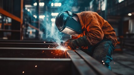 A construction worker welding steel frames for a building. Featuring welding and steelwork