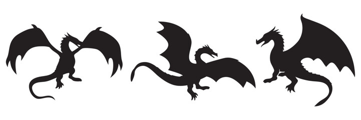 Dragon black silhouette, vector illustration, Dragon Crest Wings great set collection, dragon tattoo designs
