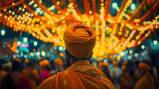 Sikh Man at a Festival with Bokeh Lights