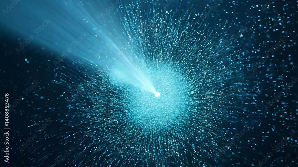 Poster brilliant interaction of sapphire, aquamarine particle streams, generating dynamic, fluid geometric 