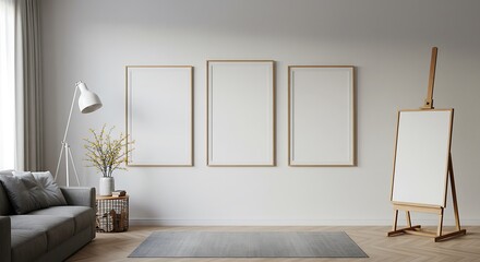 Modern Minimalist Living Room Interior Design Mockup with Blank Frames and Easel