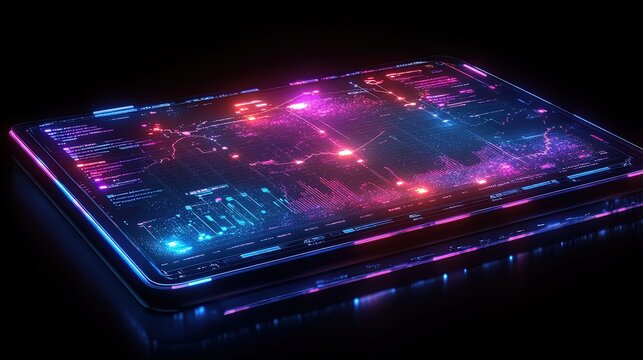 A futuristic scatter plot glowing on a transparent digital dashboard