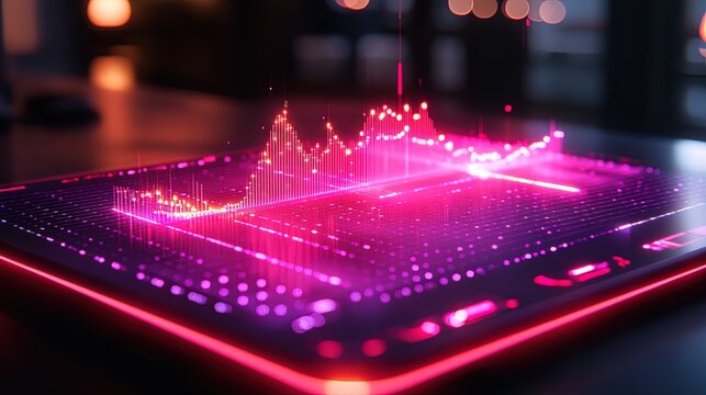 A futuristic scatter plot glowing on a transparent digital dashboard