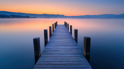 Fototapeta premium Tranquil Sunrise Over Wooden Dock Stretching Into Calm Water at Dawn