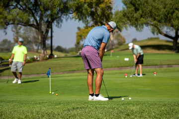 Obraz premium A man wearing a purple shirt putting at a practice green with other golfers in the background