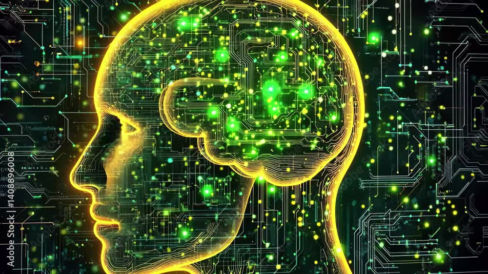 Poster network of connections visualizing a digital brain with vibrant circuitry patterns and glowing nodes