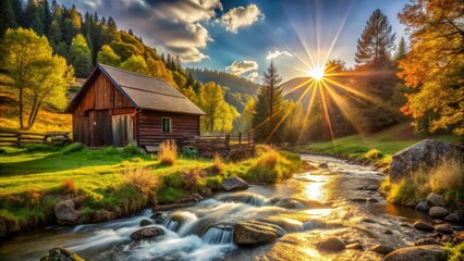 Fototapeta premium Rustic Cabin by Mountain Stream at Sunrise