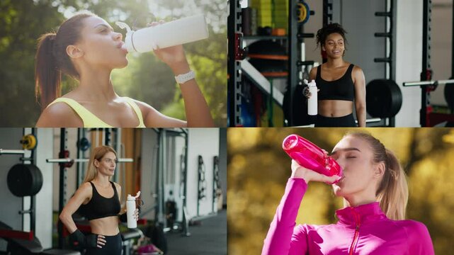 Several athletes with a range of backgrounds hydrate with water bottles while exercising in a fitness environment, promoting health and a vibrant lifestyle.
