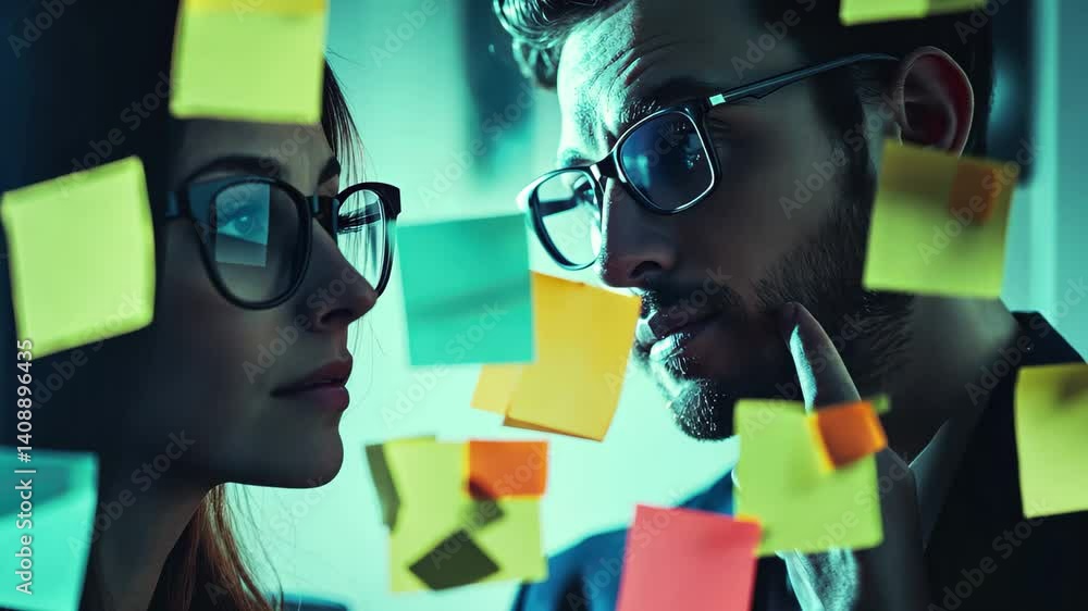 Poster creative team collaborates on ideas using sticky notes in modern workspace, creative business team r