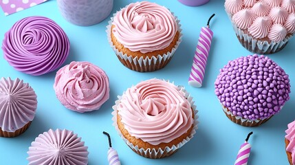 Assorted pastel cupcakes with swirl and decorative frosting, candles, on a blue background