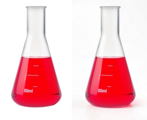 Erlenmeyer flask containing red liquid on white background