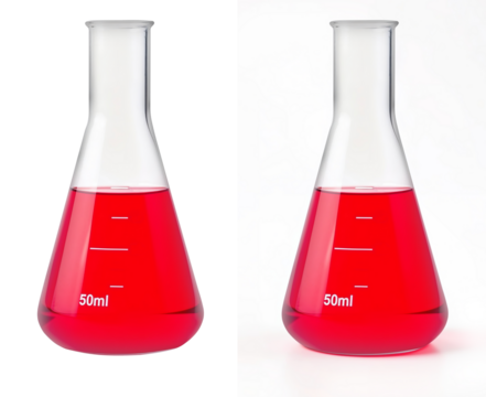 Erlenmeyer flask containing red liquid on white background - Powered by Adobe