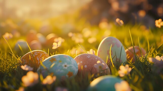Easter Eggs in a Grassy Meadow at Sunrise