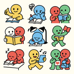 Reading is joyful activity that brings people together, showcasing various emotions and interactions through colorful characters engaged in different reading scenarios