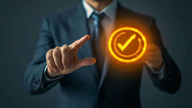 A businessman presents a warning icon to symbolize the strategic oversight and performance goals tied to risk analysis