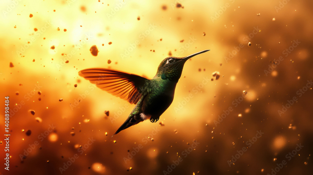Poster vibrant hummingbird in motion with colorful background and dusty particles floating around