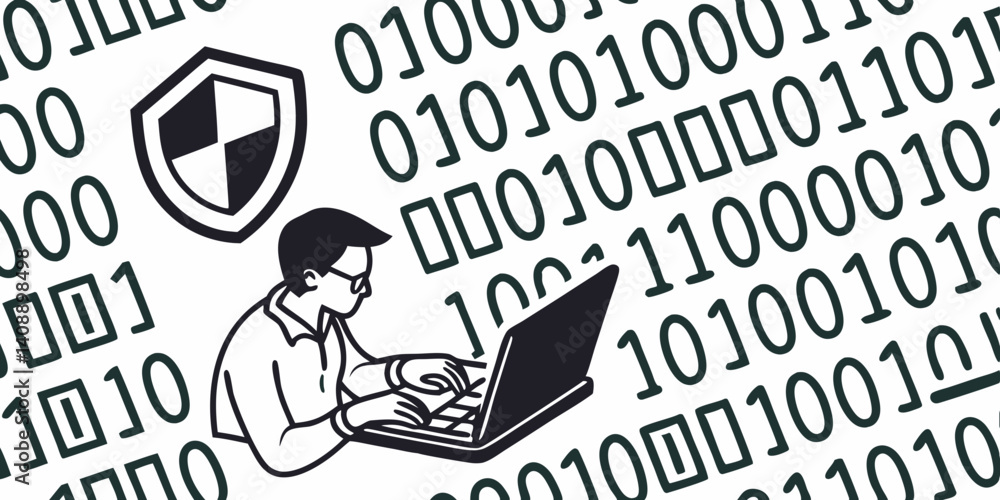 Poster cybersecurity professional protecting data with coding expertise