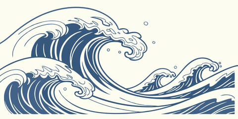 Ocean Wave Illustration Blue Ink Wash Style Graphic Design