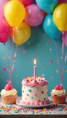 Colorful balloons, cakes, and confetti at a festive birthday party, happiness, anniversary , event